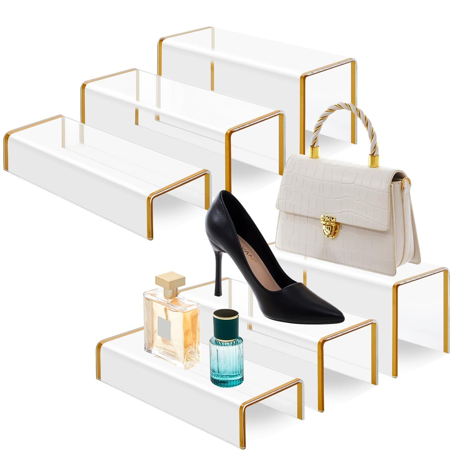 RattanView 6 Pack Clear Acrylic Purses Display Stands, 11" L 5mm Thick Luxury Purse, Handbag, Jewelry & Perfume Risers, Gold Luxury Shoe Display Riser for Closet, Boutique, Vendor Events (3 Tier)