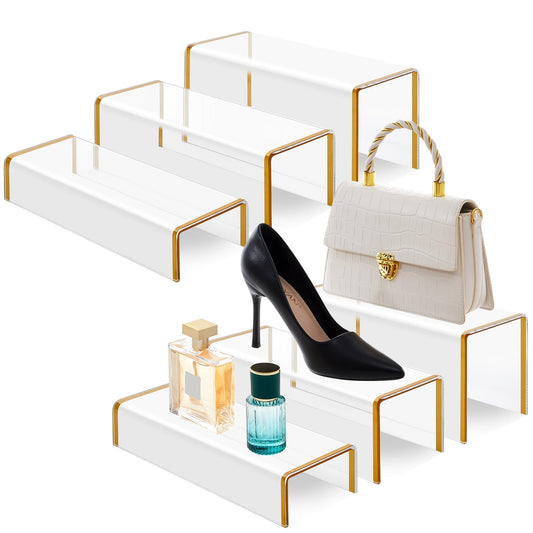 RattanView 6 Pack Clear Acrylic Purses Display Stands, 11" L 5mm Thick Luxury Purse, Handbag, Jewelry & Perfume Risers, Gold Luxury Shoe Display Riser for Closet, Boutique, Vendor Events (3 Tier)