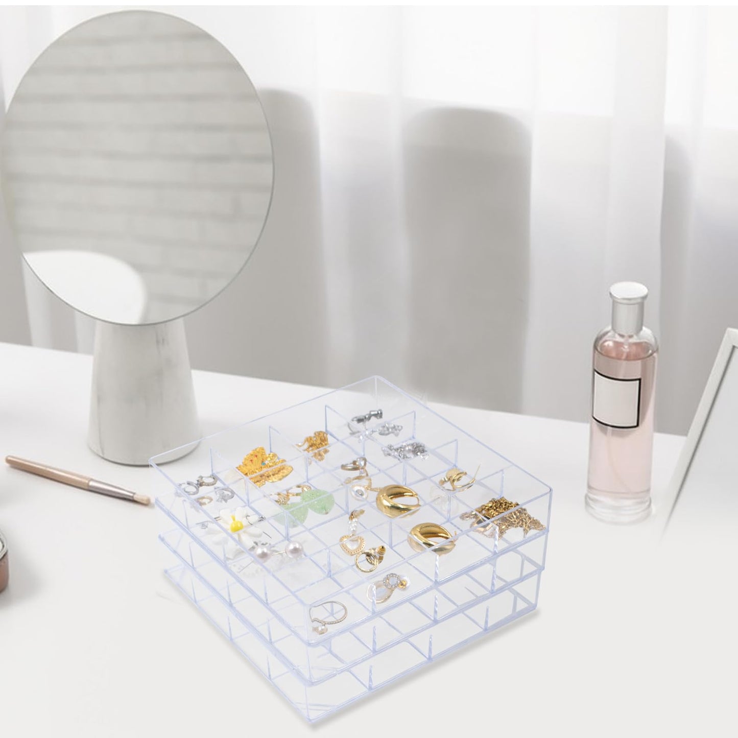 4 PCS Stackable Jewelry Organizer Tray, Plastic Storage Box with 16 Mini Grid (1.57''), Clear Organizer Tray for Drawer Dresser Vanity Desk, Jewelry Storage Box for Necklaces Bracelets Rings Earrings