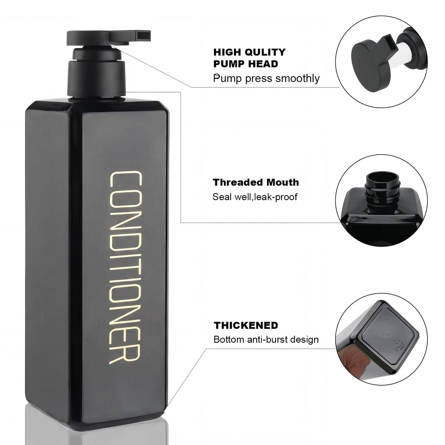Shampoo and Conditioner Dispenser Shower Soap Bottles 3 Pack 550ml/18.6oz Refillable Shampoo Pump Bottle Dispenser Plastic Empty Body Wash Dispensers with Stylish Permanent Labels for Bathroom (Black)