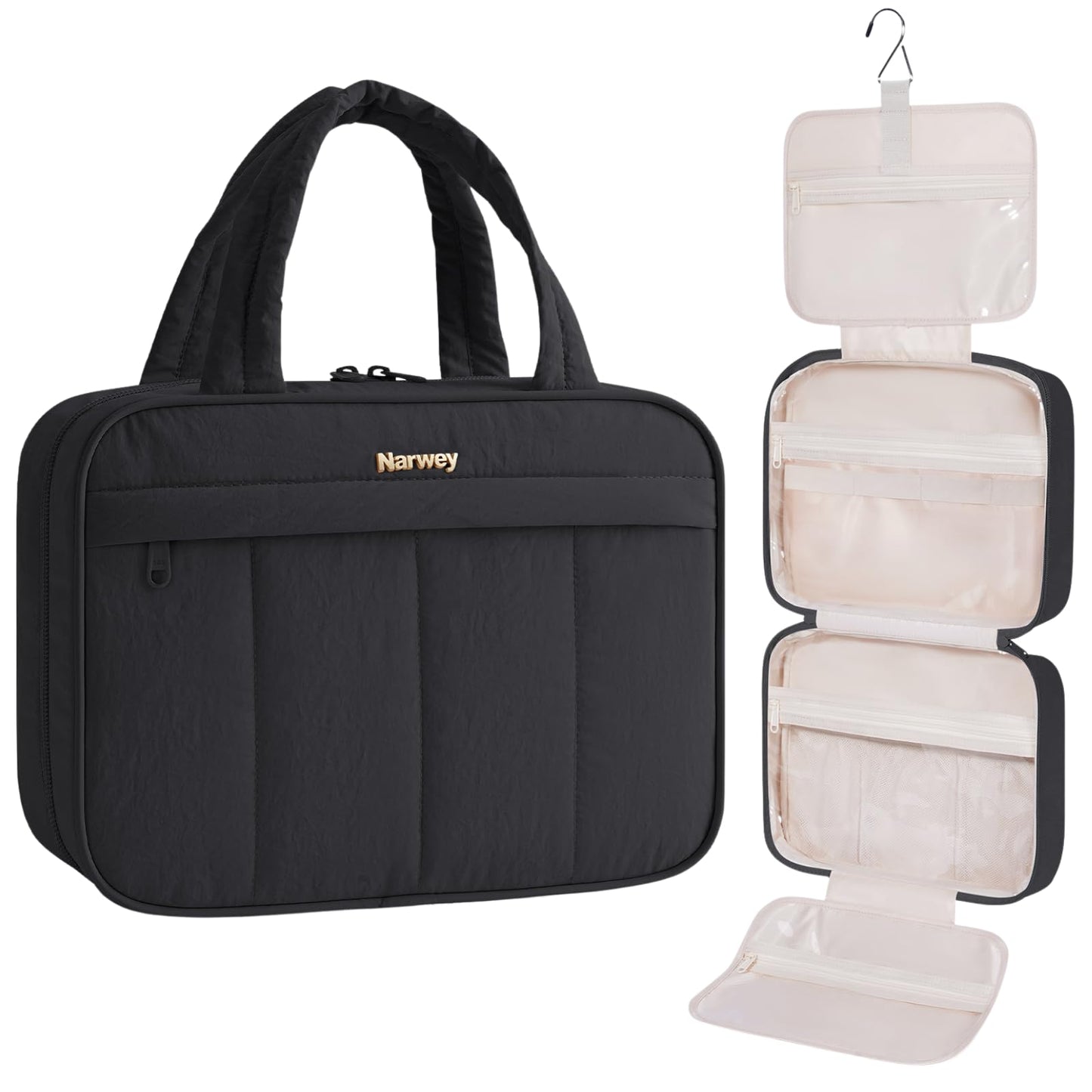 Narwey Hanging Travel Toiletry Bag for Women, Quilted Makeup Bag Organizer with Handle, Travel Bathroom Bag, Portable Toiletries Bag for Essentials, Accessories, Brushes, Cosmetics (Black)