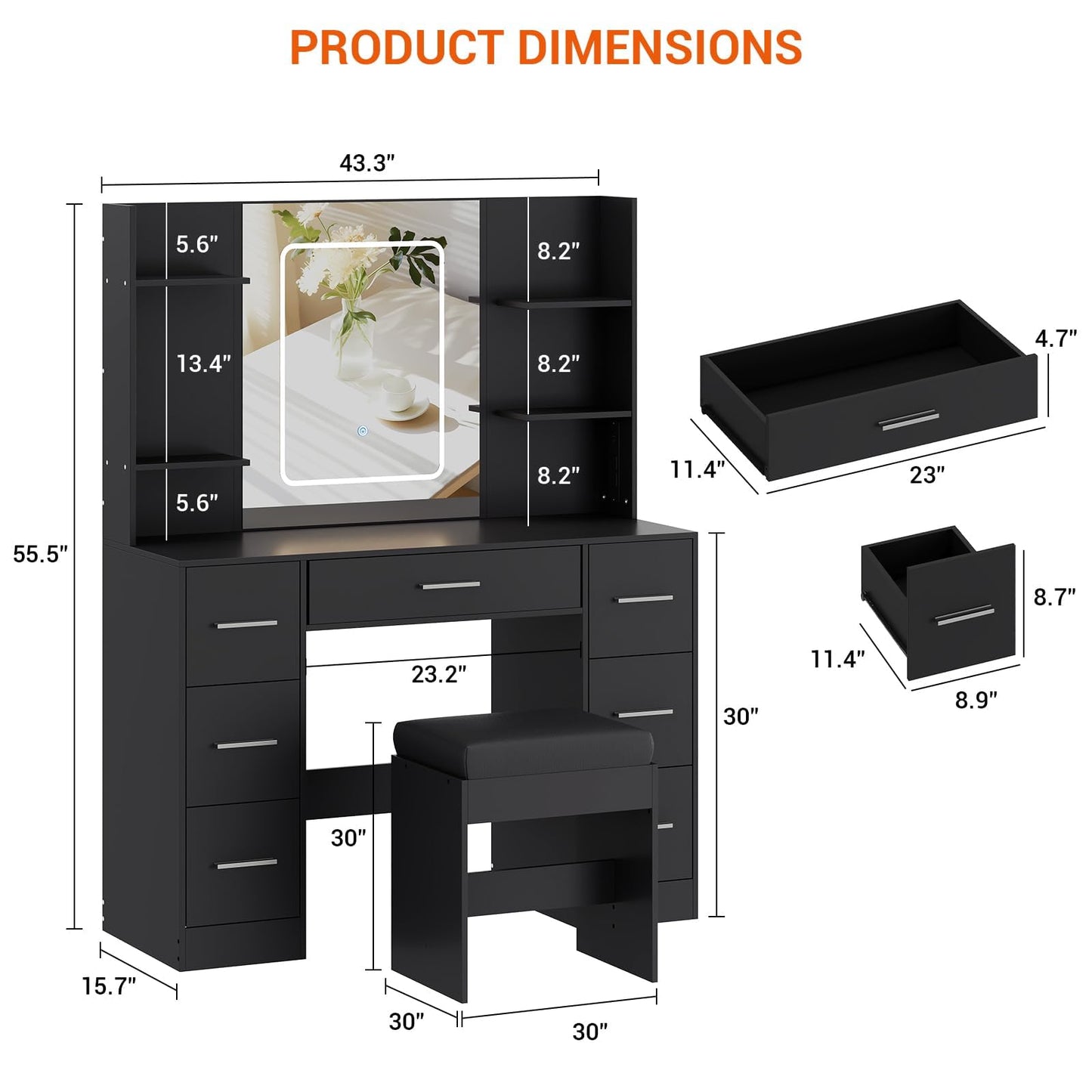 GAOMON Makeup Vanity with Mirror and Chair, Power Outlet, Hairdryer Holder, 7 Drawers, 3 Lighting Modes Brightness Adjustable Dressing Table for Bedroom