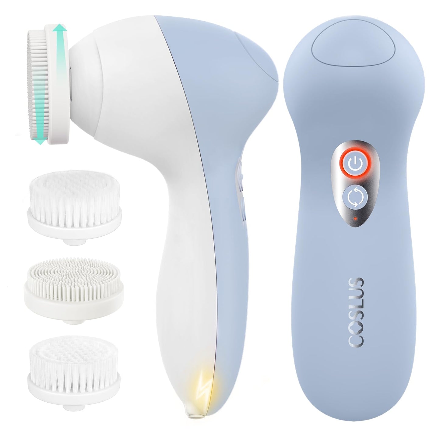 COSLUS FBX04 Powered Facial Cleansing Brush: Rechargeable Electric Face Cleanser for Sensitive & Acne-Prone Skin, 3 Brush Heads, 3 Speeds, 2-Direction Rotation, for Men Women IPX7, Deep Cleaning Blue
