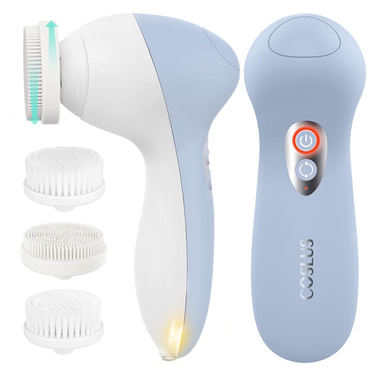COSLUS FBX04 Powered Facial Cleansing Brush: Rechargeable Electric Face Cleanser for Sensitive & Acne-Prone Skin, 3 Brush Heads, 3 Speeds, 2-Direction Rotation, for Men Women IPX7, Deep Cleaning Blue