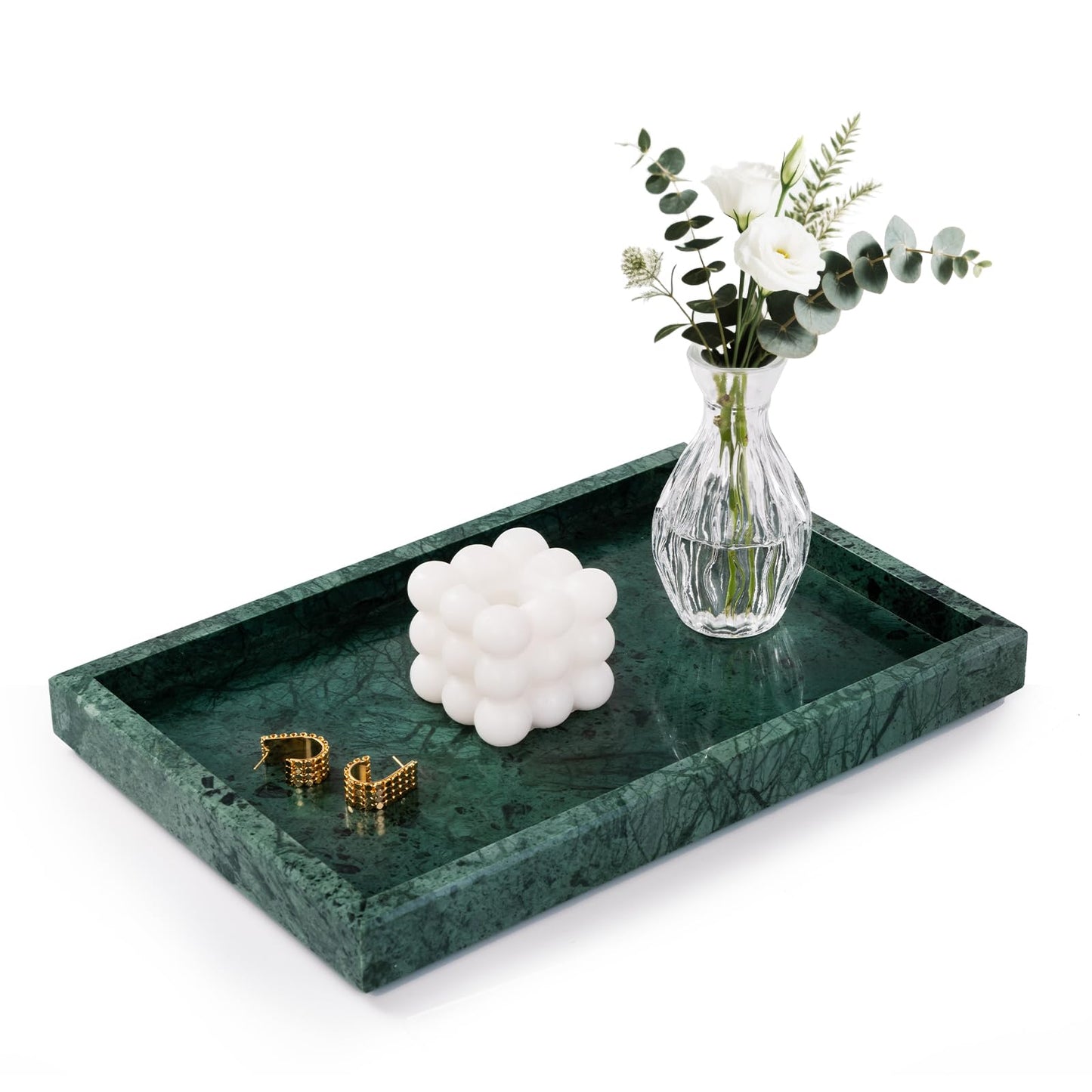Homaura Marble Bathroom Tray for Countertop & Home Decor, Natural Decorative Marble Tray for Jewelry & Perfume Organizer, Luxury Stone Vanity Trays for Dresser, Kitchen Counter, 12" x 8", Green