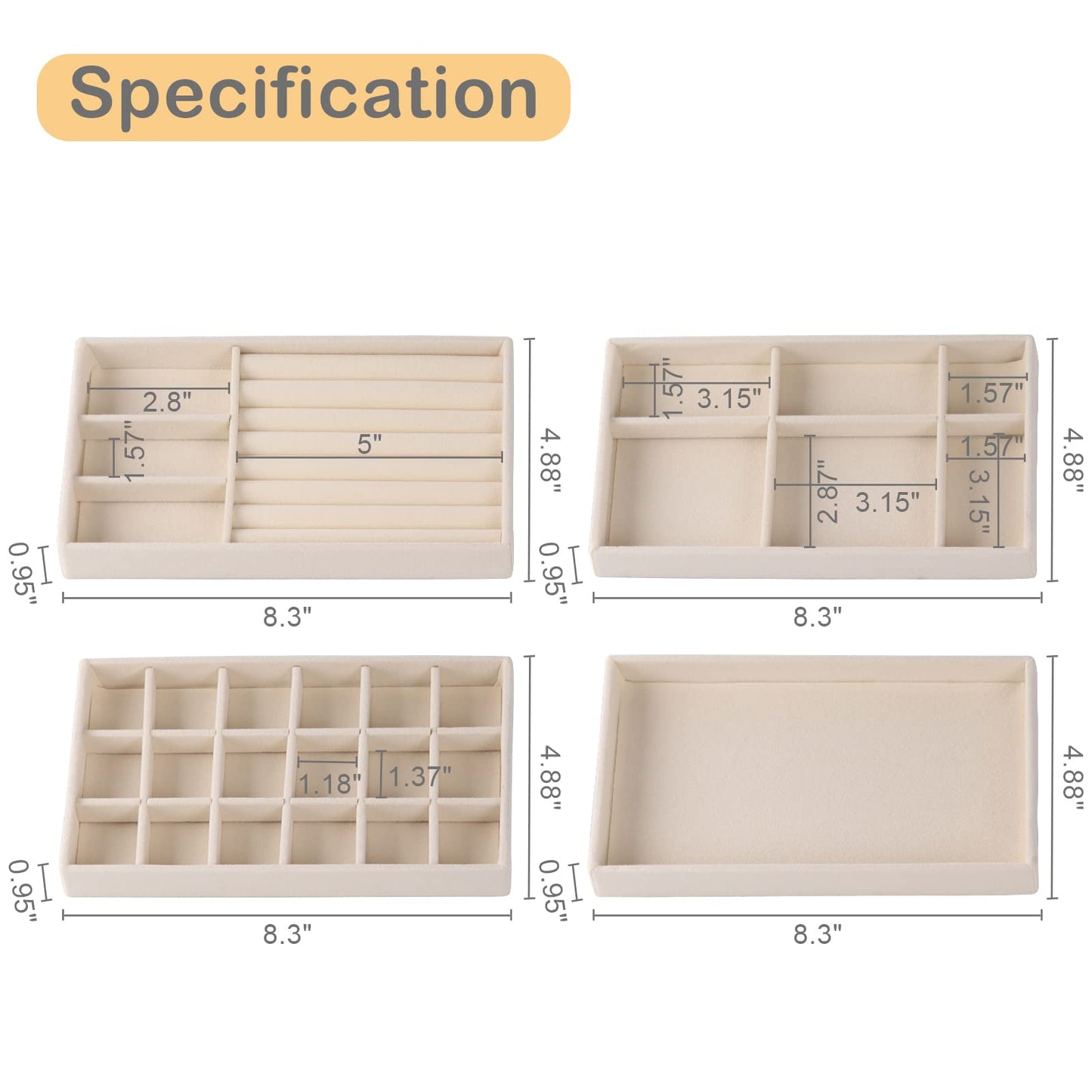 Afnkiom Jewelry Trays,Velvet Stackable Organizer Trays,Drawer Inserts Jewelry Display Case For Rings Stud Necklaces Earring Organizer Tray for Women Girls-8 Pack (Beige)