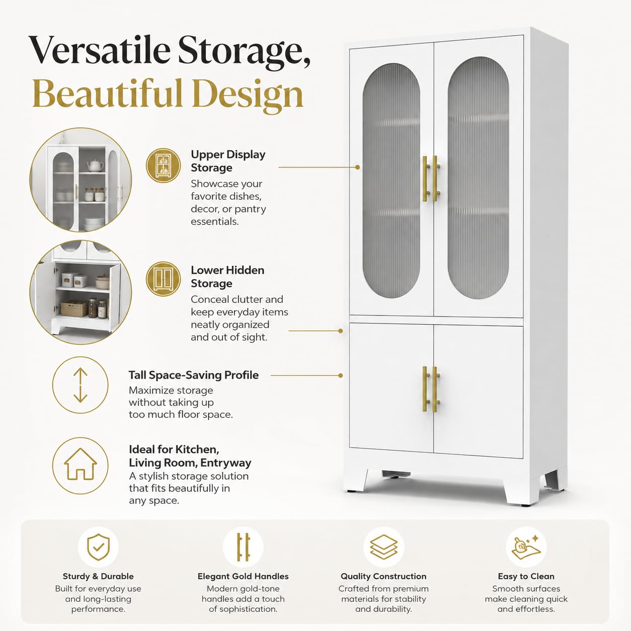 Garvee 74" H Tall Storage Cabinet, Freestanding Pantry Cabinet, Frosted Glass and Fluted Doors, 4 Door Cabinet with Adjustable Shelf, for Kitchen, Bathroom, Dining Room, Living Room, Office, White
