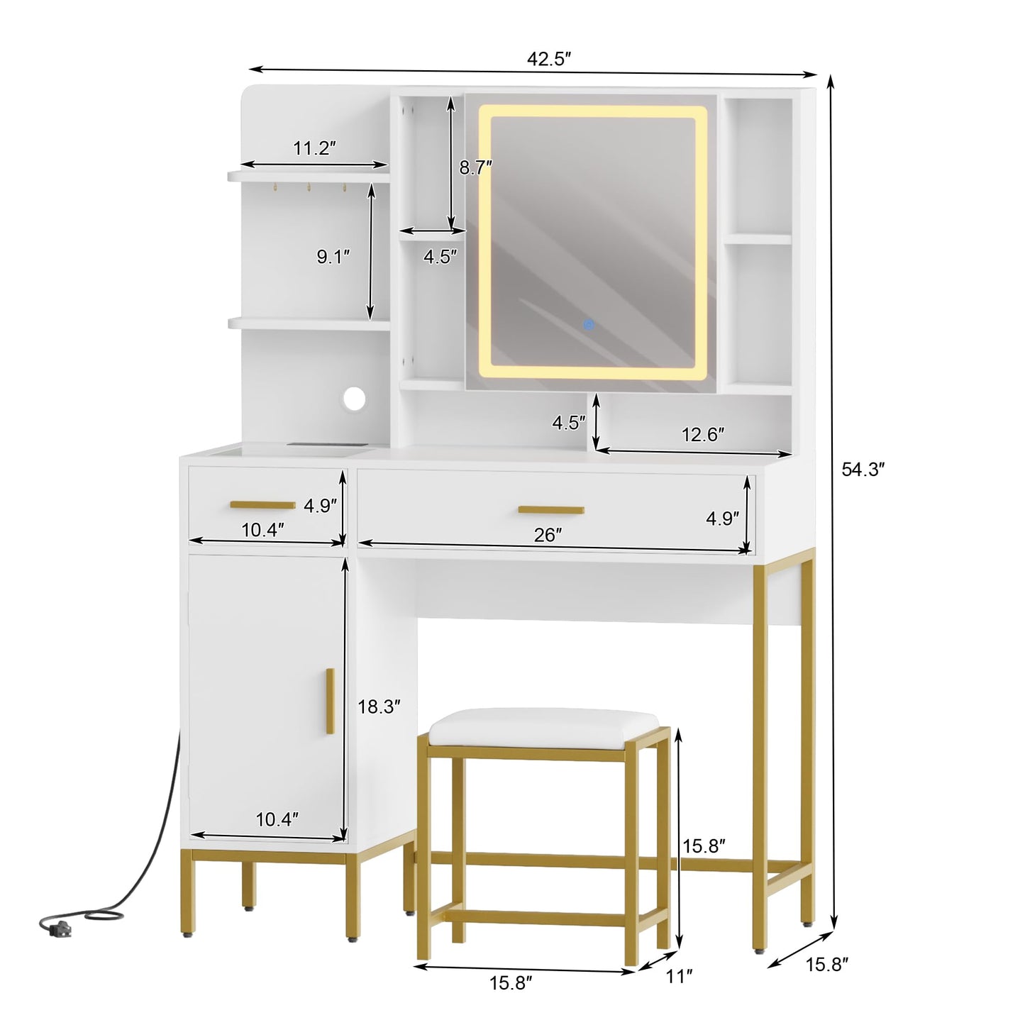 GAOMON 42.5" Makeup Vanity Desk with Mirror - Vanity Table with Stool, Charging Station, 3 Lighting Colors, Visible Drawers Storage Shelves, Dressing Table for Bedroom - White