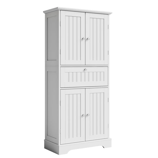 ChooChoo 51" H Tall Bathroom Floor Cabinet, Modern Bathroom Storage Cabinet with Drawer and Adjustable Shelves, Freestanding Kitchen Pantry Cupboard with 4 Doors for Living Room, White
