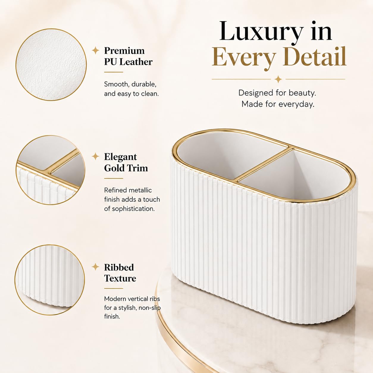 GORESE Makeup Brush Holder Organizer with 2 Slots, PU Leather Small Make Up Organizer for Vanity Bathroom Countertop, Gift for Women(Ivory White)