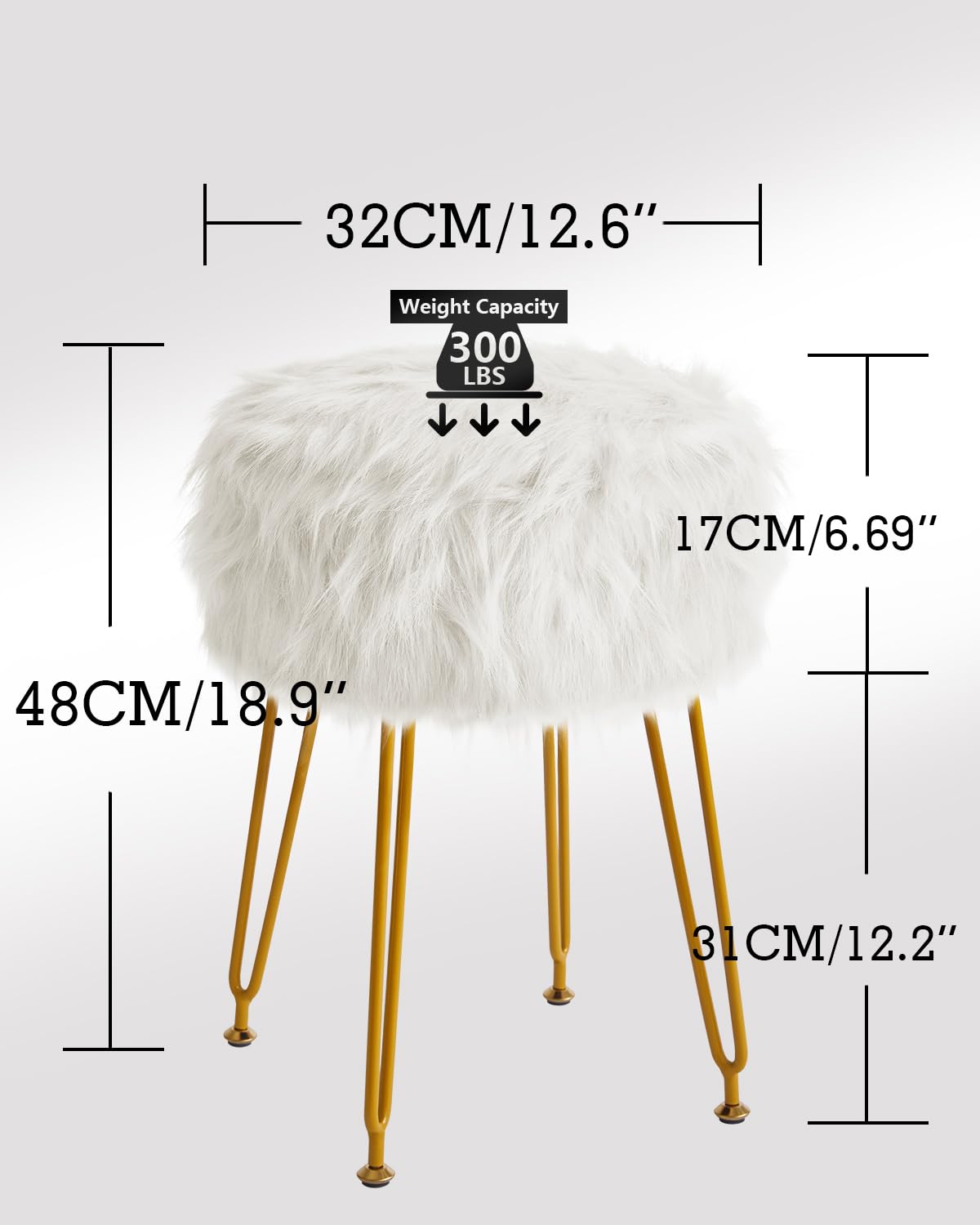 IBUYKE Round Faux Fur Vanity Stool with Storage, Furry Makeup Chair Ottoman, Soft Padded Seat, Round Footrest Footstools with 4 Metal Legs, for Living Room Bedroom Entryway, White WBD021W