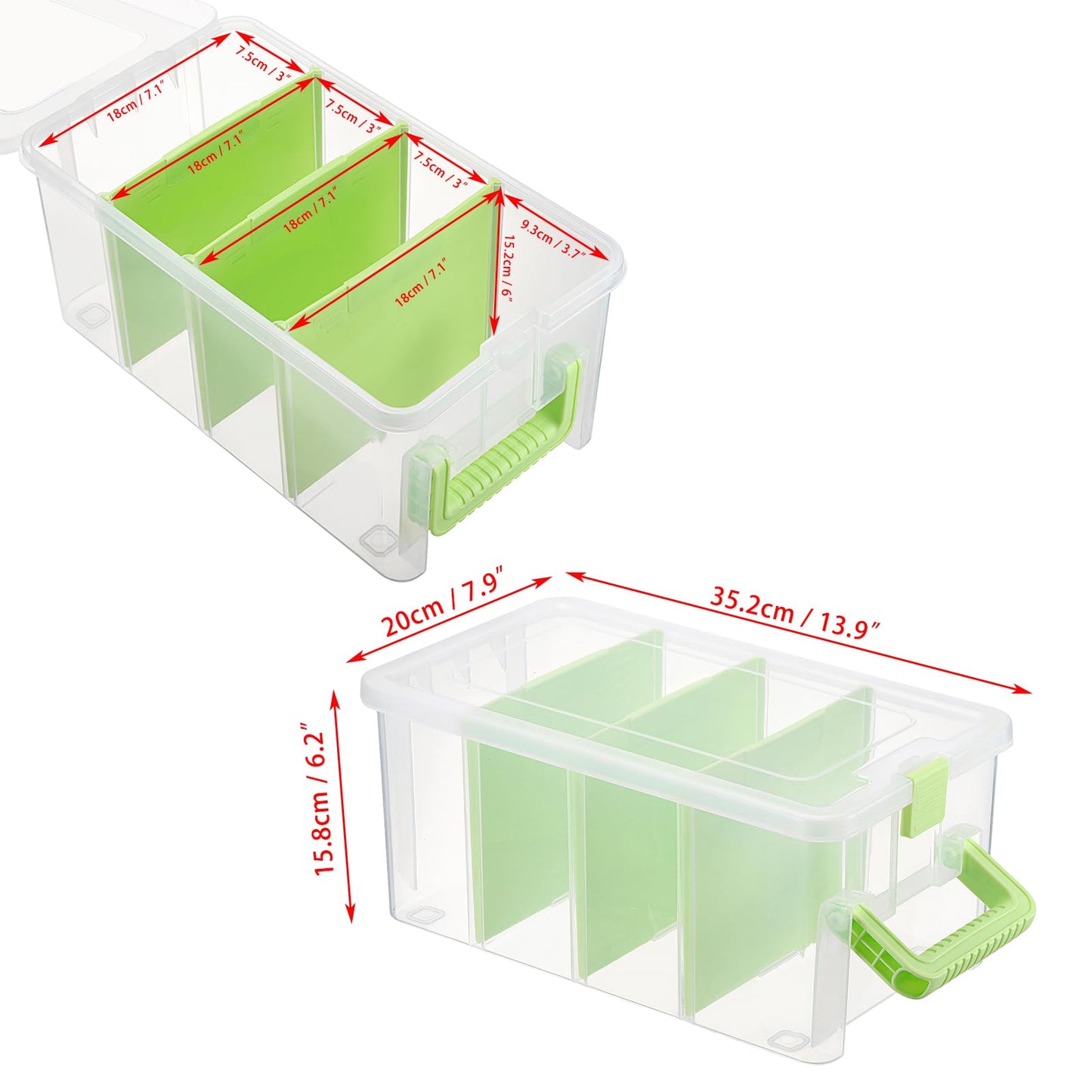 BTSKY Clear Plastic Dividing Storage Box with 4 Deep Compartments Adjustable Storage Bin with Lid Portable Craft Container Multipurpose Sewing Box Art Supply Organizer, 13.9x7.9x6.2 Inches, Green
