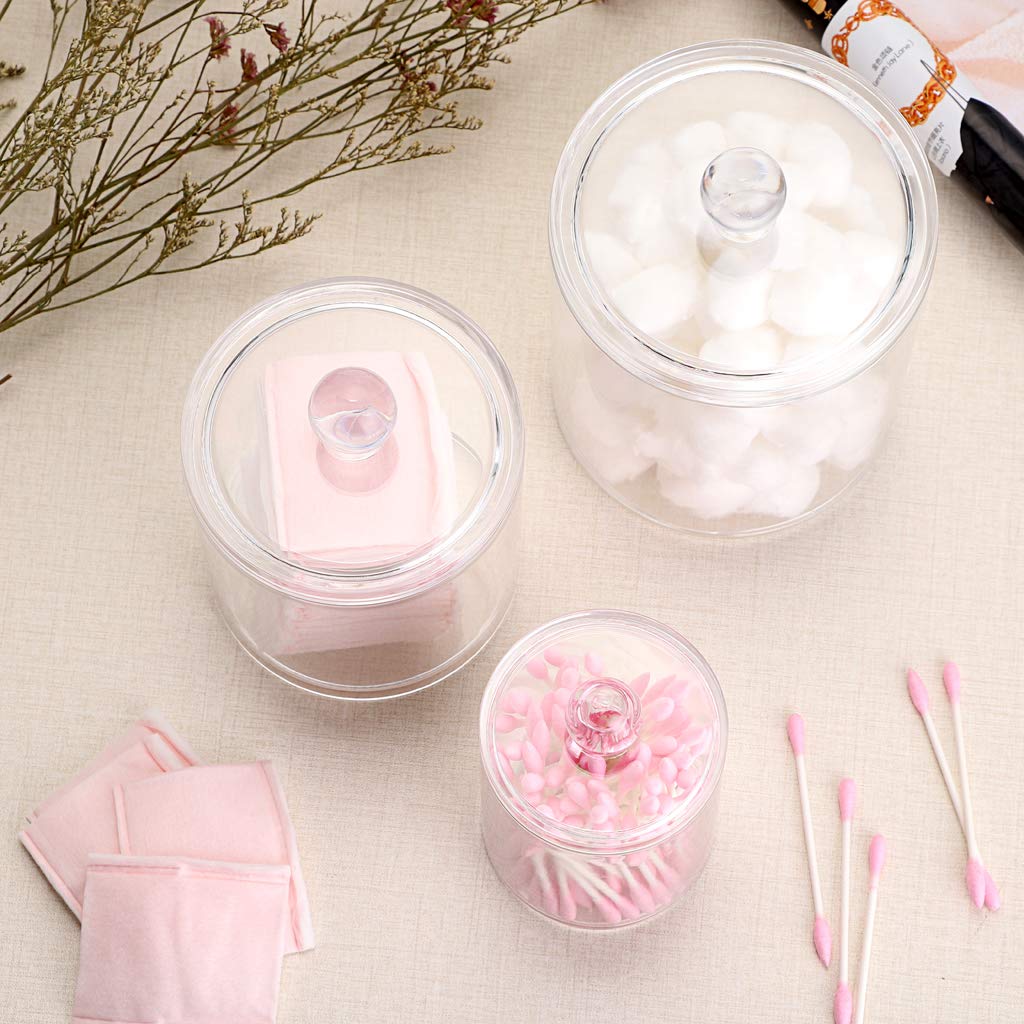 Hipiwe Set of 3 Cotton Ball and Swab Organizer With Lid - Apothecary Acrylic Jar Makeup Organizer, Q-Tips Holder, Bathroom Vanity Storage Canister for Rounds and Pads