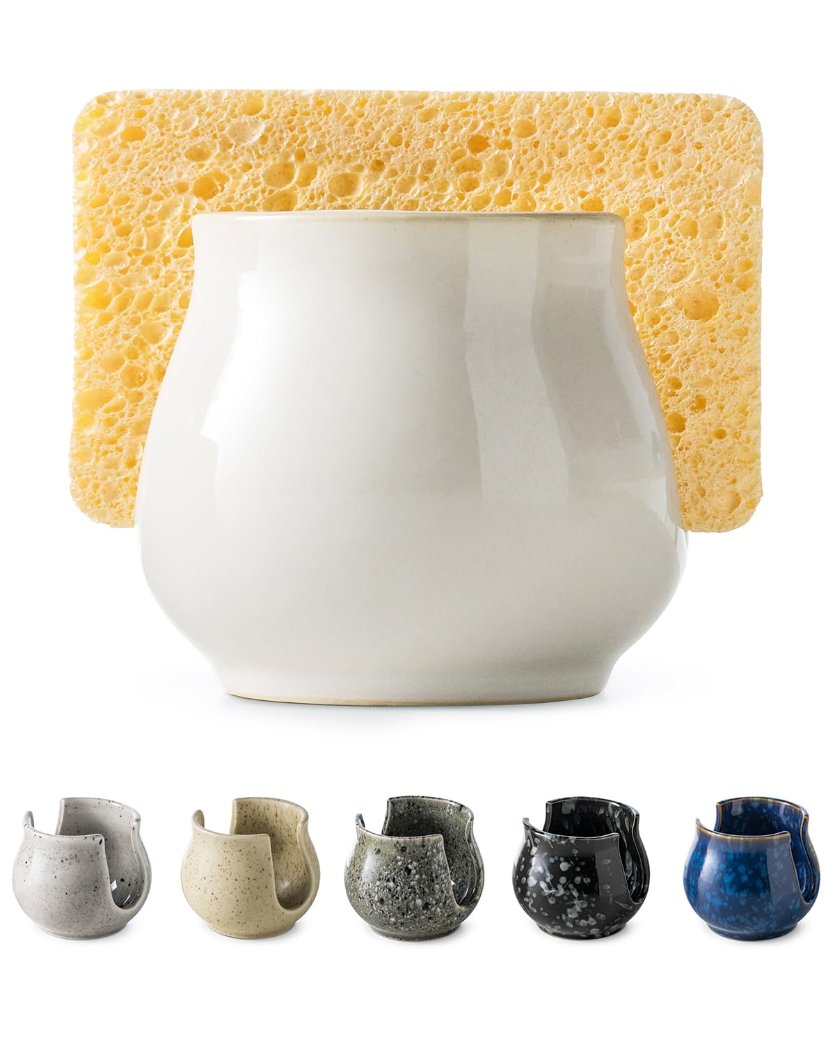 Zoeeker Sponge Holder for Kitchen Sink Counter, Ceramic Dish Sponge Caddy White Sink Organizer Dish Rack Farmhouse Brush Holder for Bathroom, Kitchen, White