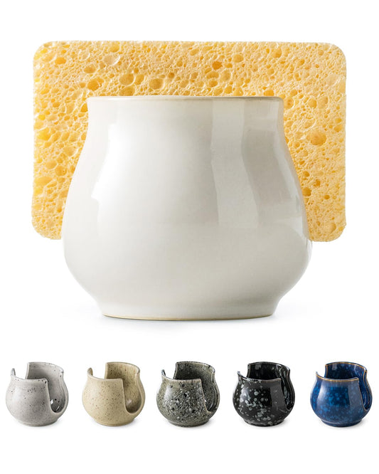 Zoeeker Sponge Holder for Kitchen Sink Counter, Ceramic Dish Sponge Caddy White Sink Organizer Dish Rack Farmhouse Brush Holder for Bathroom, Kitchen, White