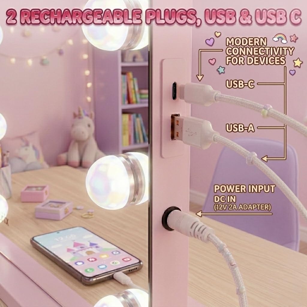 Glovalife Vanity Mirror with Lights, Large Hollywood Lighted Mirror, LED Bulbs with 3 Colors Lighting, USB & USB C Charging Port, Touch Control, Glass Tempered, White 22.8" X 18.1"