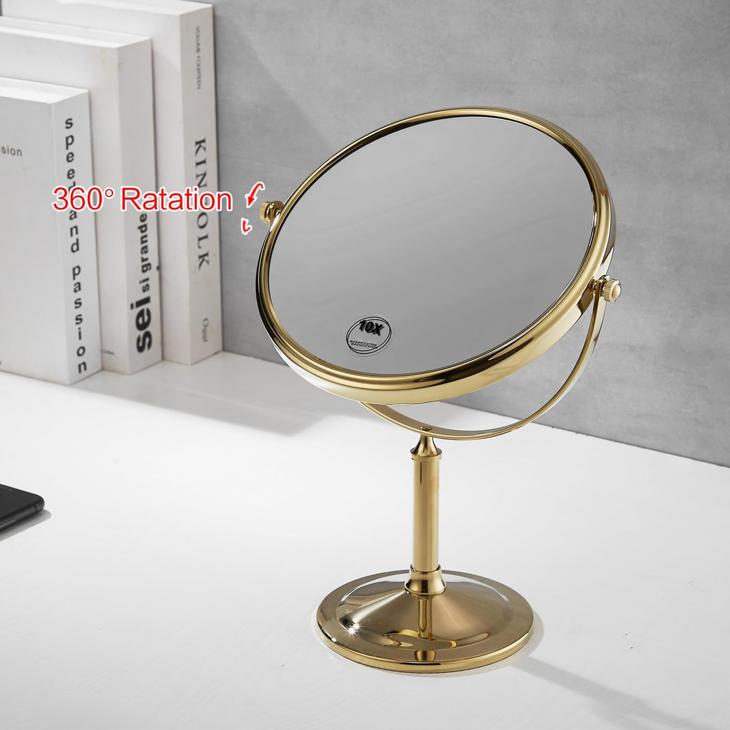 Airemoon 10x Magnifying Makeup Mirror, Standing 360-Degree Rotating Makeup Mirror, 8-Inch Gold Frame Shaving Mirror, 13-Inch Length × 9-Inch Width Beauty Mirror