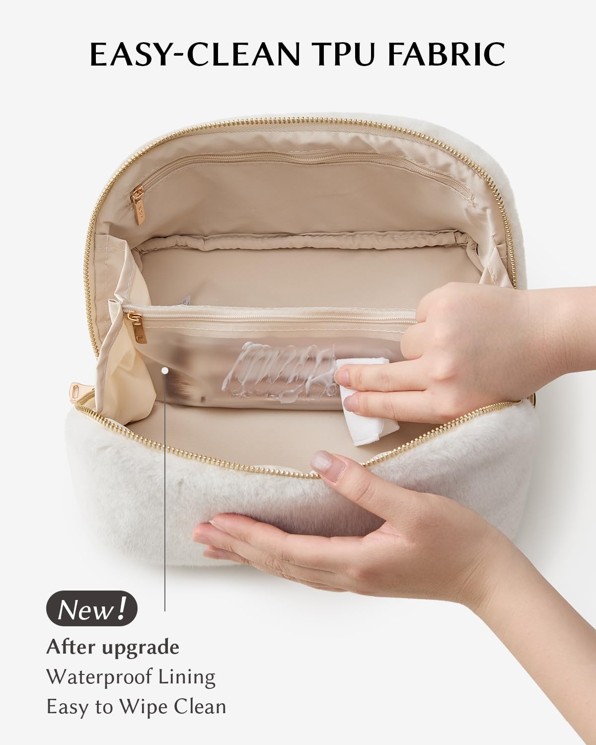 EACHY Travel Makeup Bag,Cute Faux Fur Cosmetic Bag for Women,Portable 180°Wide-Open Flat Make Up Bag,Large Capacity Makeup Pouch Make Up Organizer with Divider and Handle