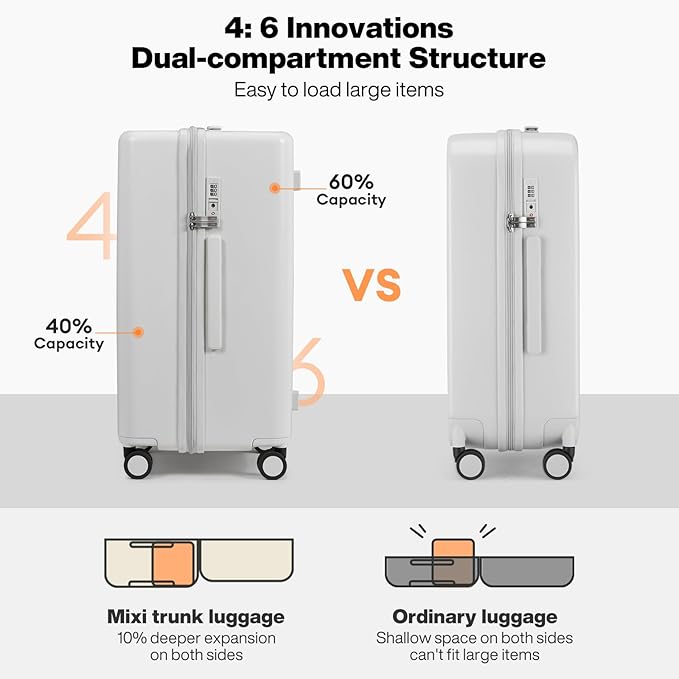 mixi 26'' Max Trunk Luggage Large Checked Luggage PC Hard Shell Rolling Travel Suitcases with Spinner Wheels & TSA Lock, Smoke White