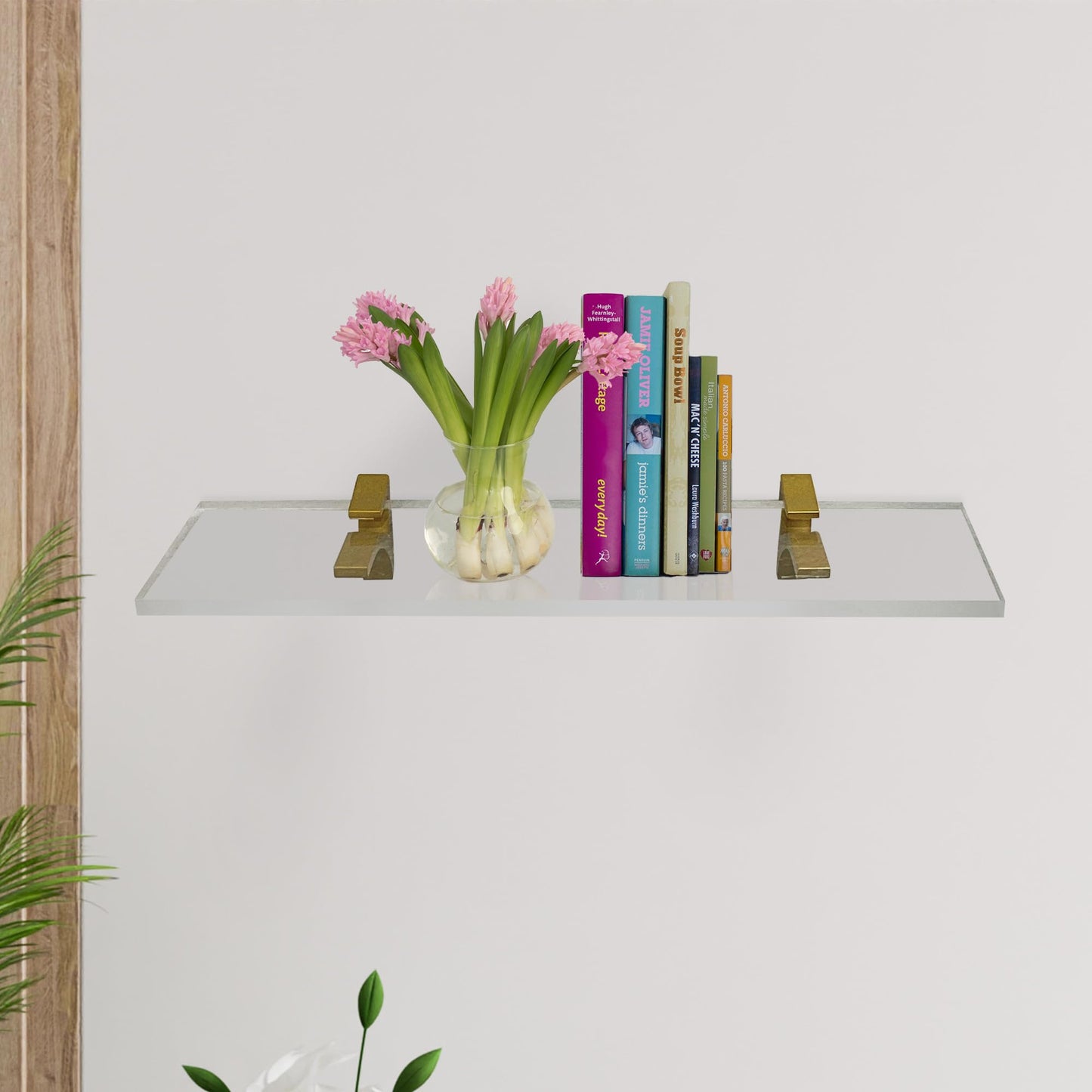 Clear Acrylic Shelves 11.5 inches, 3/4" Thick Transparent Wall Mounted Floating Shelves for Bedroom, Living Room, Bathroom, Kitchen -‎ with Screws and Brass Finish Brackets, Pack of 2