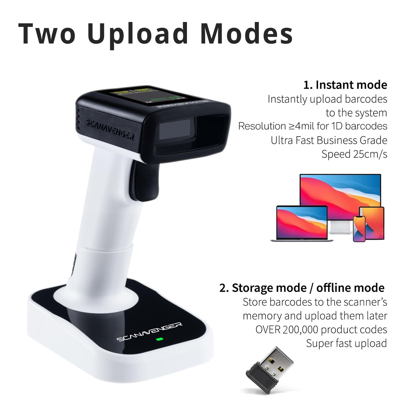 ScanAvenger Wireless Portable 1D with Stand Bluetooth Barcode Scanner: Hand Scanner 3-in-1, Cordless, Rechargeable Scan Gun for Inventory (1D&2D with LCD Display and Upgraded Next Gen Stand)
