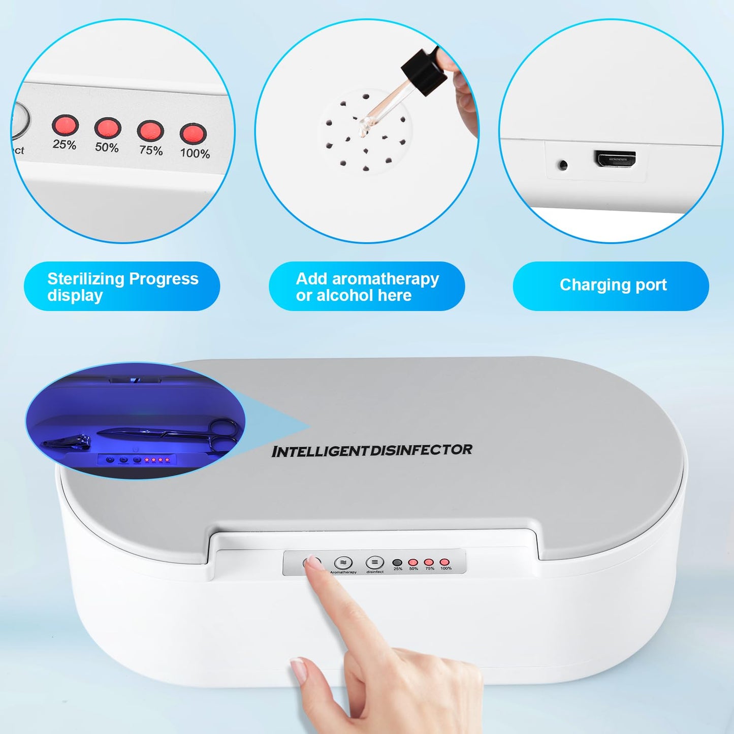 Wbuosz Portable Tool Sterilizer Box USB,Blue Light Cleaning Sterilizating Box for Manicure Salon,Tweezers,Tattoo,Scissors,Jewelry,Phone, Watch,Keys