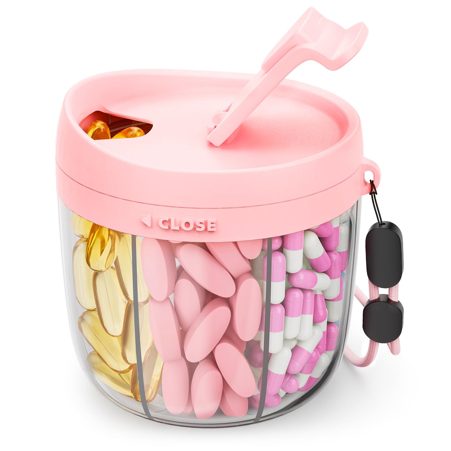 AMOOS Cute Pill Dispenser with 7 Compartments, Pill Bottle Organizer with Anti-Mix Design, Portable Pill Organizer for Travel with Wide Mouth for Easy Access, BPA-Free Patented Pill Container, Pink