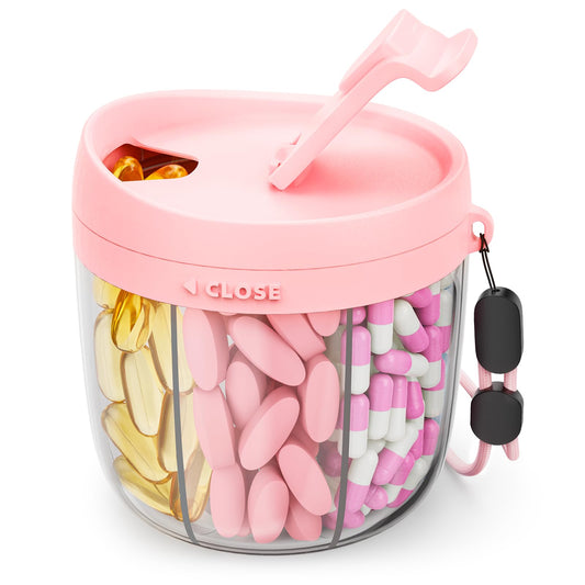 AMOOS Cute Pill Dispenser with 7 Compartments, Pill Bottle Organizer with Anti-Mix Design, Portable Pill Organizer for Travel with Wide Mouth for Easy Access, BPA-Free Patented Pill Container, Pink