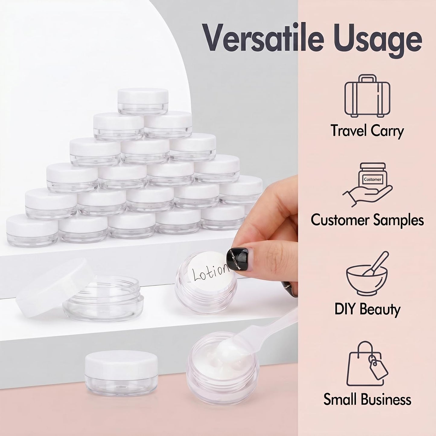 3 Gram Sample Containers with Lids, 100 Count Tiny Sample Jars, Empty Lip Balm Containers, Mini Cosmetic Container with Lids, Makeup Travel Container with Labels, Mini Disposable Spatulas