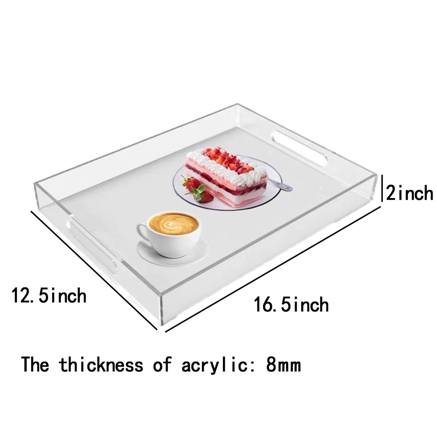 Sturdy 16" Acrylic Serving Tray with Handles - Ottoman Coffee Table Organizer for Food, Tea, Snacks, Vanity & Kitchen Countertop - Multi-Use for Bathroom, Living Room, Bar Parties (Transparent)