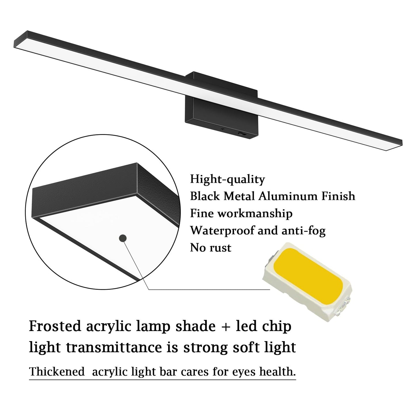 Ralbay 5 Color Temperature Dimmable Black Bathroom Vanity Light Bar 40inch Acrylic LED Modern Matte Black Bathroom Wall Lighting Fixtures Over Mirror