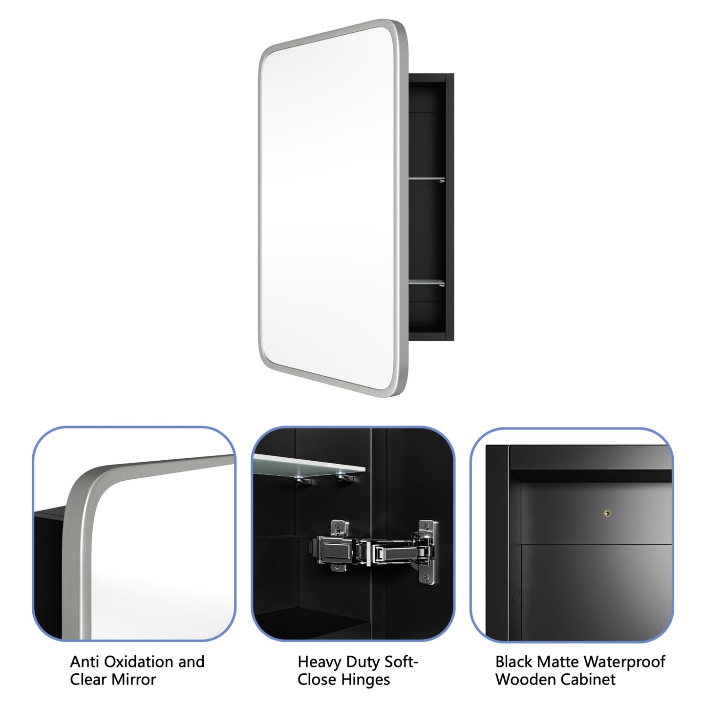 AGDULL Vintage-Style Bathroom Medicine Cabinet, Surface Mount or Recessed, Wood Wall Cabinet with Brushed Nickel Metal Frame Curved Mirror, Overall 16.5" W x 24" H