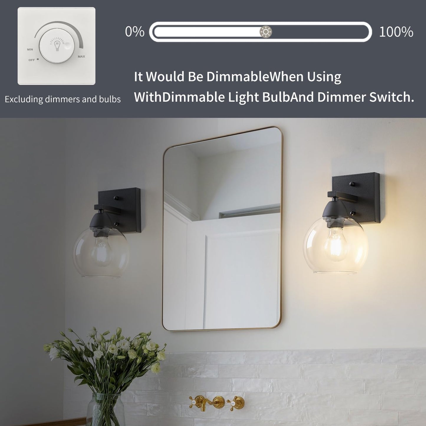 Ruibutrade Bathroom Light Fixtures, 1-Light Matte Black Vanity Light with Hand-Blown Globe Glass Shade, High Clarity & Durable, Wall Sconce for Mirror, Kitchen, Bedroom, Hallway