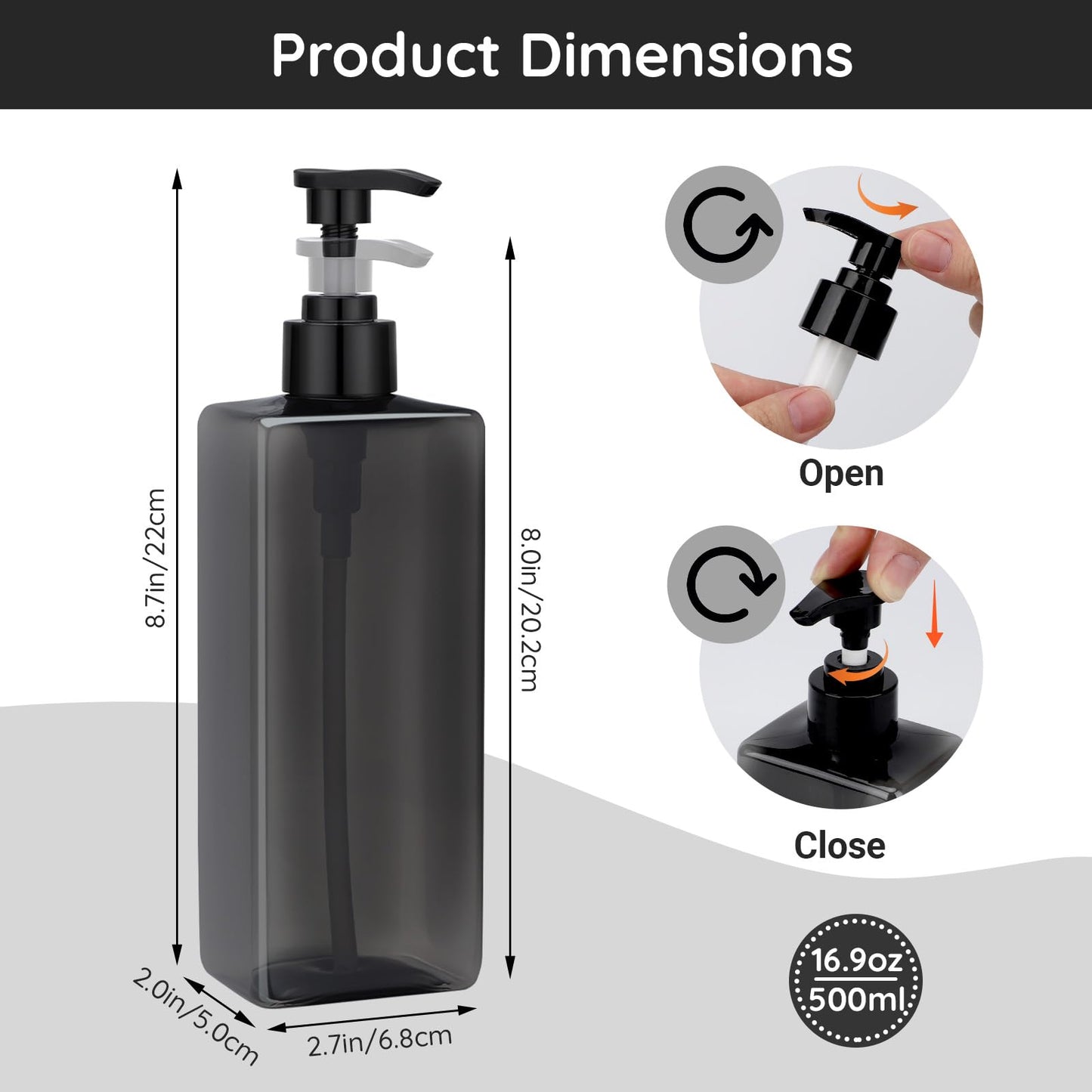 Segbeauty 16.9oz Shampoo Container, 3pcs Pump Press Dispenser with Labels, 500ml Empty Plastic Refillable Lotion Body Soap Liquid Kitchen Soap Dispensers, Gray Bathroom Shower Containers for Women
