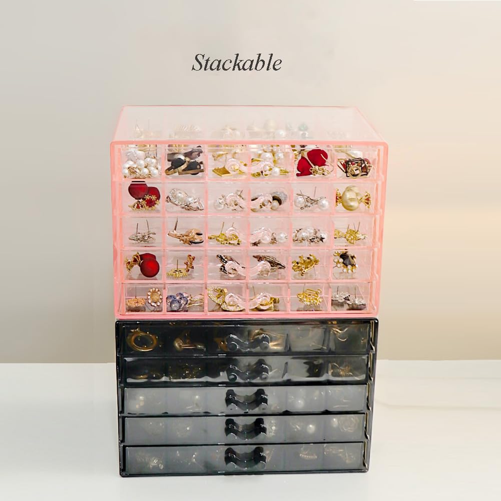 YUFONG Earring Storage Box Organizer, Acrylic Jewelry Storage Box Holder 5 Drawers Transparent Jewelry Display Stand with 120 Small Compartments Gift Boxes for Women Girls (Clear Pink)
