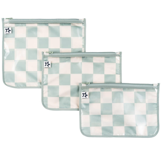 Tiny Twinkle Diaper Bag Organizing Pouches | 3 Pack Mess-Proof Clear Front Travel Organizer Bags & TSA Approved Toiletry Bag Set for Baby and Mom Essentials (Sage Checkers)