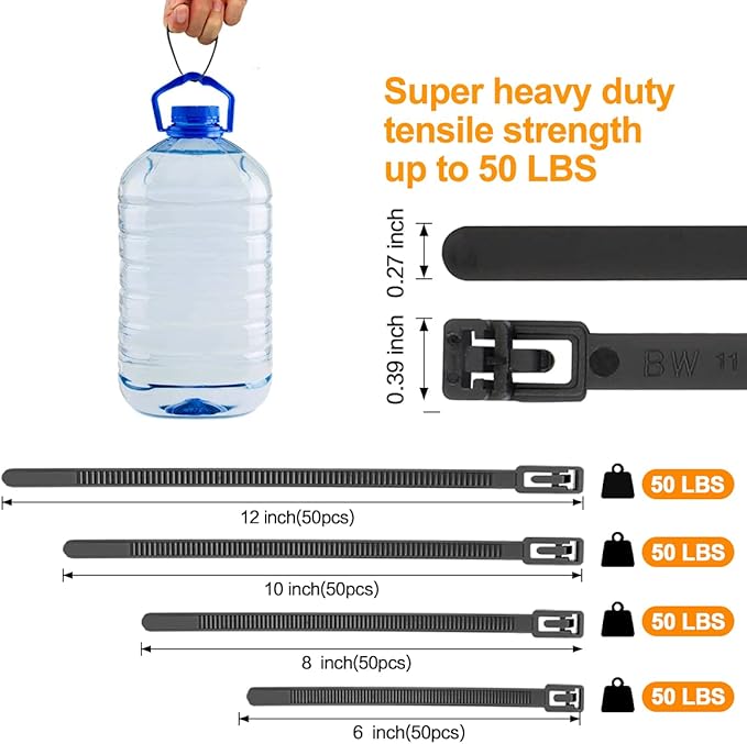 SOOOEC 200 Pack Reusable Zip Ties Assorted Sizes 6+8+10+12 inch UV Resistant, Black Zip Ties Heavy Duty Outdoor Releasable Round Ending No Hurt, Cable Ties Reusable Tie Wraps Indoor Non Slip Off