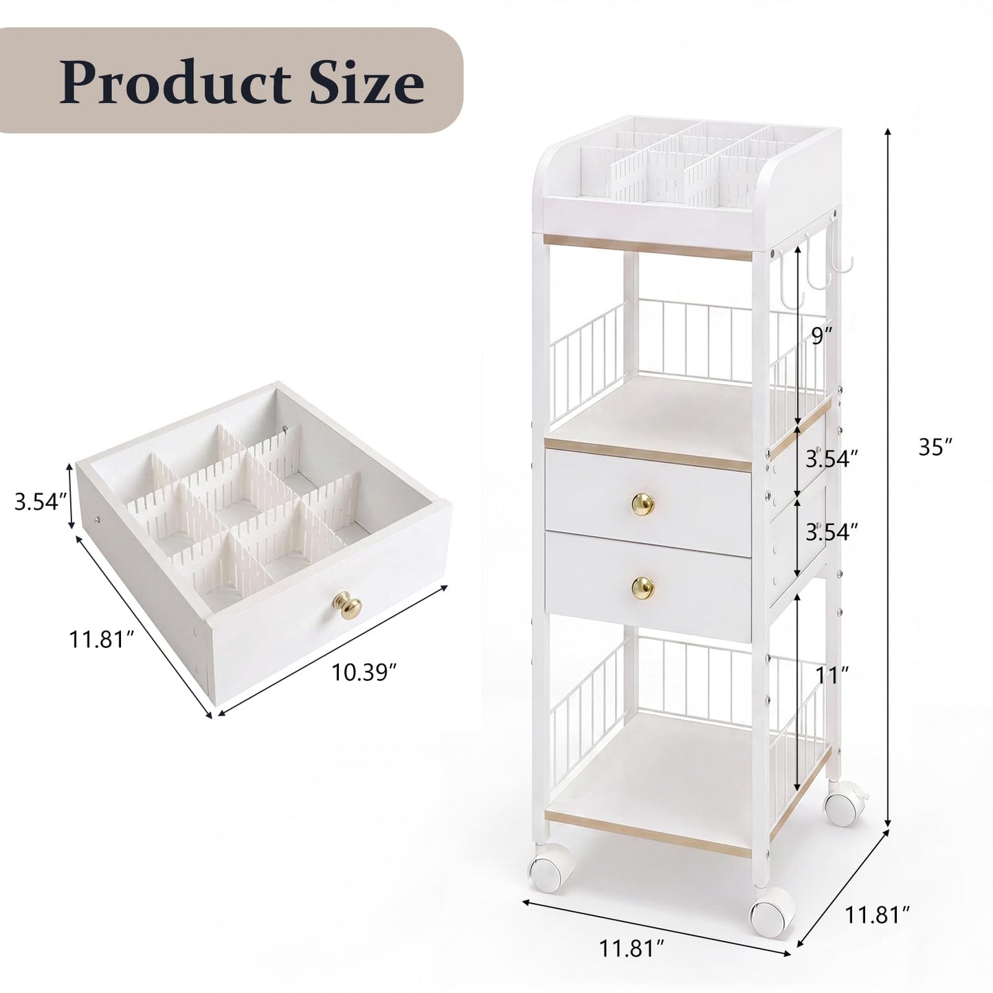 DongRong Makeup Organizer Cart, Rolling Floor Skincare Organizer and Storage with 2 Wooden Drawers, Cosmetics Display Cases Holder for Skin Care Perfume Hair Tools Nail Polish（White & Gold）
