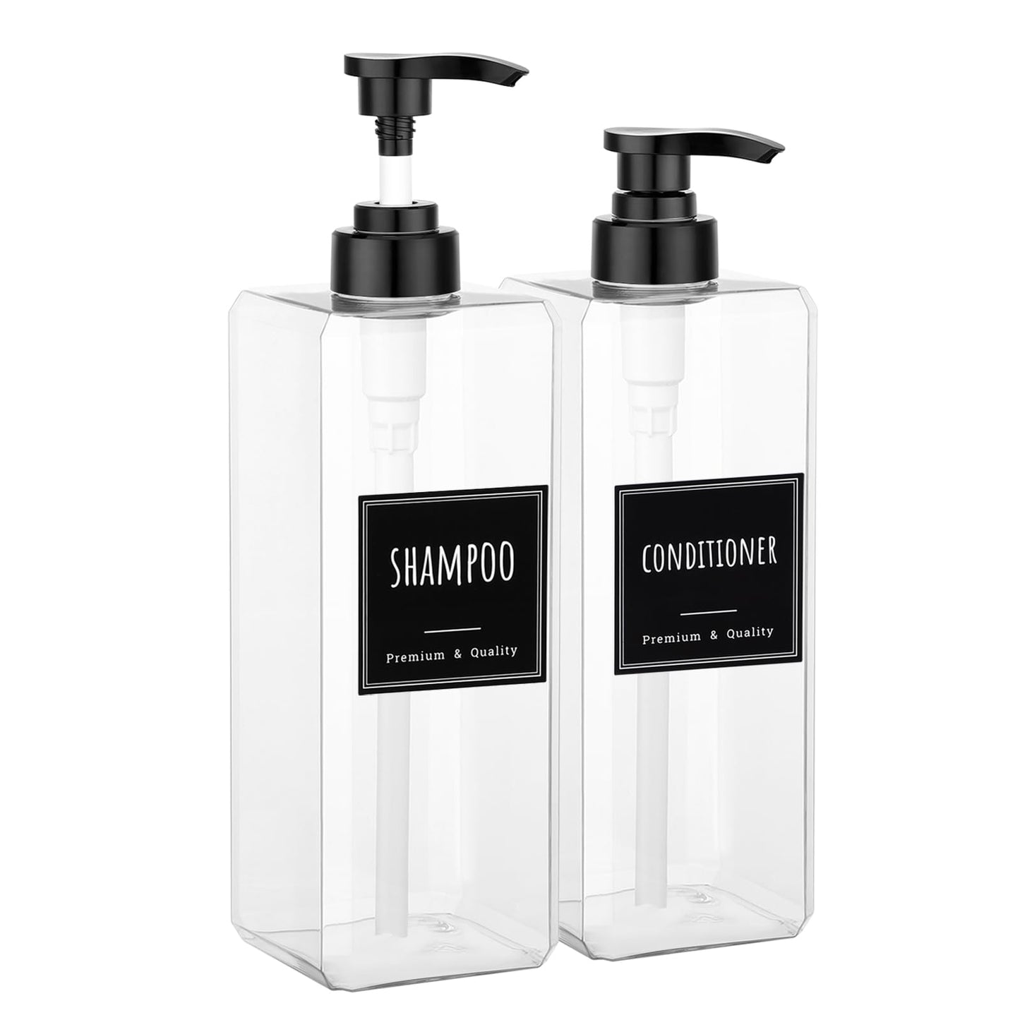 Segbeauty 33.8oz Plastic Soap Dispenser Bathroom, 2pcs Large Capacity Shampoo and Conditioner Dispenser, Square 1000ml Hand Soap Bottle Refillable, Clear Empty Pump Bottles with Waterproof Labels