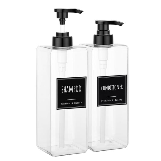 Segbeauty 33.8oz Plastic Soap Dispenser Bathroom, 2pcs Large Capacity Shampoo and Conditioner Dispenser, Square 1000ml Hand Soap Bottle Refillable, Clear Empty Pump Bottles with Waterproof Labels