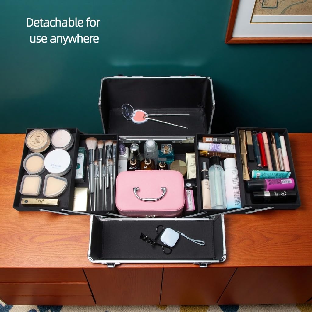 Gdsshuhung Makeup Rolling Train Case - Professional Cosmetics Organizer with Aluminum Frame, Folding Trays & Wheels, Portable for Travel & Studio (Black Diamond)