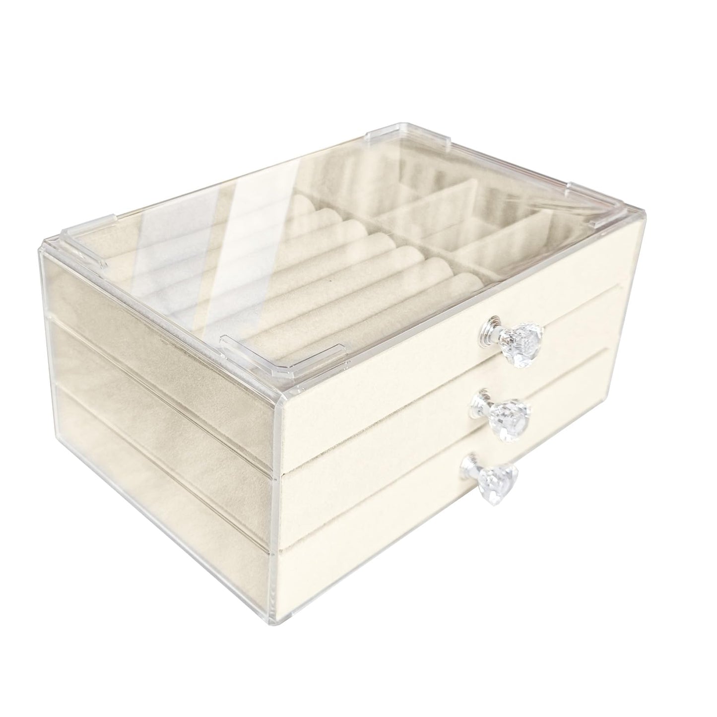 Jemjosh Clear Acrylic Velvet Jewelry Organizer with 3 Drawers, Stackable Display Storage Earrings Necklace Rings Bracelets Box Holder Case for Women, Beige