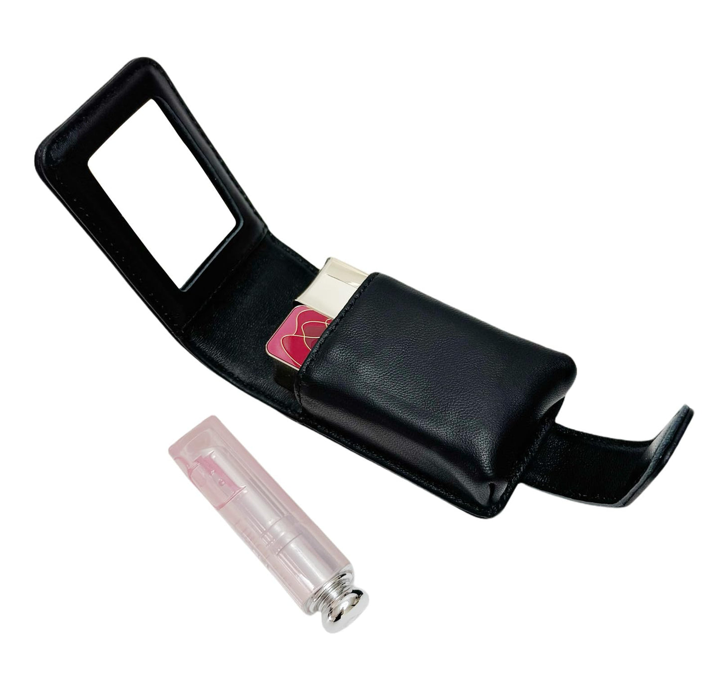 AgentMoon Handheld Lipstick Pouch with Mirror,Genuine Leather Lip Balm Case with Clamshell Magnetic Hidden Clasp.Portable Travel Cosmetic Case for Women Gift. 4.1x2.3x1.8 inches (Black)