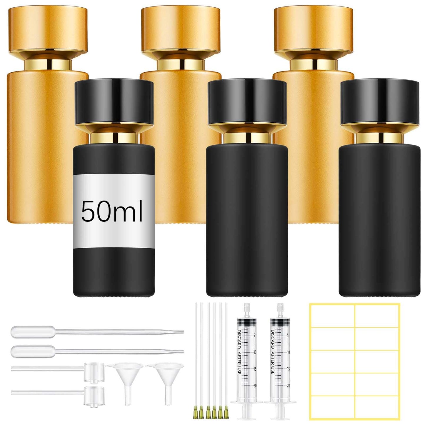 Teenyyou 6 Pack 50 ml Glass Perfume Bottles and Refill Tools Set, Travel Perfume Atomizer Spray Bottles, Portable Empty Refillable Atomizer Decanters with Dispenser Transfer Kit (Black,Gold)
