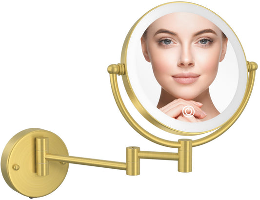 Rechargeable Wall Mounted Lighted Makeup Mirror with Magnification Gold, 8 Inch 1X/10X Magnifying Two Sided Led with Lights, 360 Swivel Extendable Shaving Mirror for Bathroom, Brushed Gold