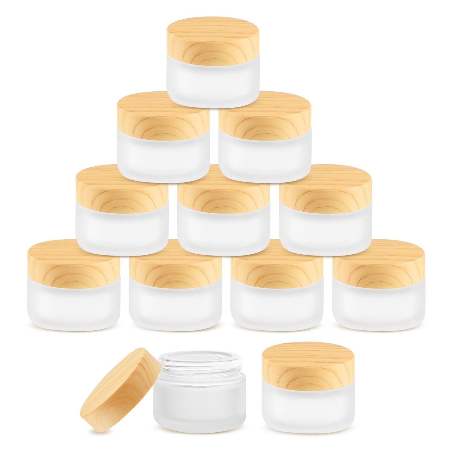 BOSMIOW 10 PCS 30g/1oz Empty Frosted Glass Cream Jars with Wooden Lid and 4 Spatula,Round Cosmetic Containers,Refillable Makeup Bottles for Lotion,Ointment,Moisturizer,Gel,Mud Mask