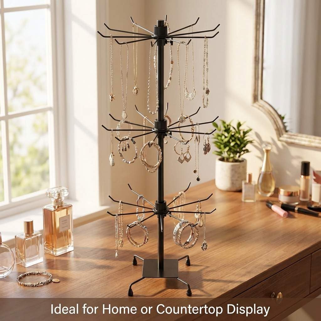 QWORK 3-Tier Rotating Metal Jewelry Display Stand – 2 Sets Adjustable Tabletop Holder for Necklace, Earring & Key Ring