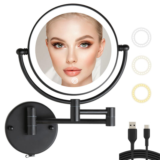 LEDOOLE Wall Mounted Makeup Mirror with Lights and Magnification, Bathroom 10X Magnifying Vanity Mirror with 3 Color LED, Touch Dimmable, Upgraded Brightness, Cordless, Extended Arm Brass Matte Black