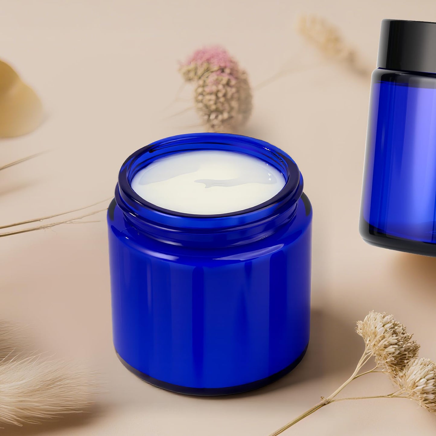 4oz Jars with Lids, Hoa Kinh 12 Pack Blue Glass Jars with Lids Empty Cosmetic Containers Round Airtight Glass Jar with Inner Liners and black Lid for Storing Lotions, Powders, and Ointments