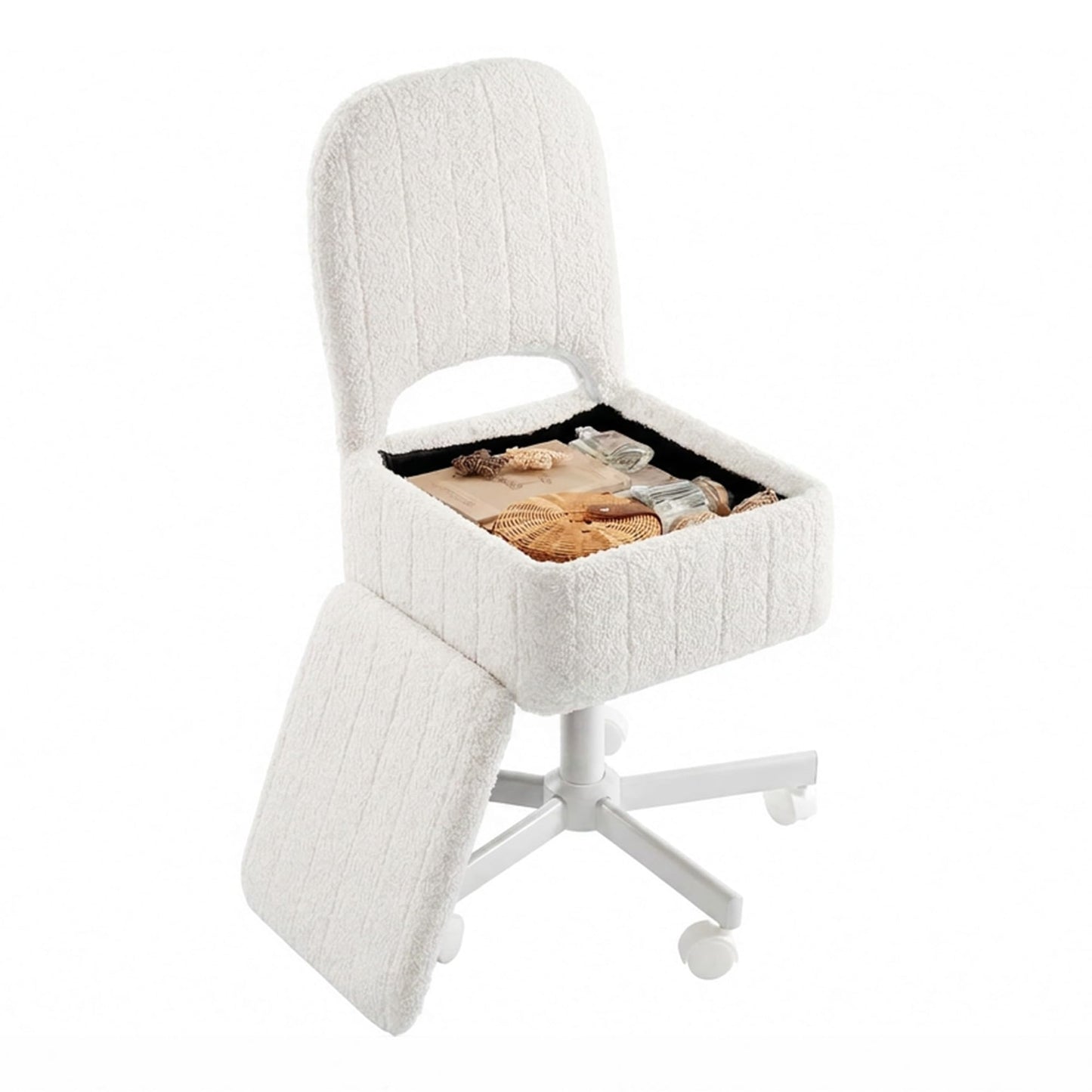 Garvee Small Vanity Stool Chair with Storage and Folding Back, Height Adjustable Lift Ottoman with 360° Swivel and Quiet Wheels, Soft Teddy Fleece Seat Stool for Makeup Bedroom Office, White